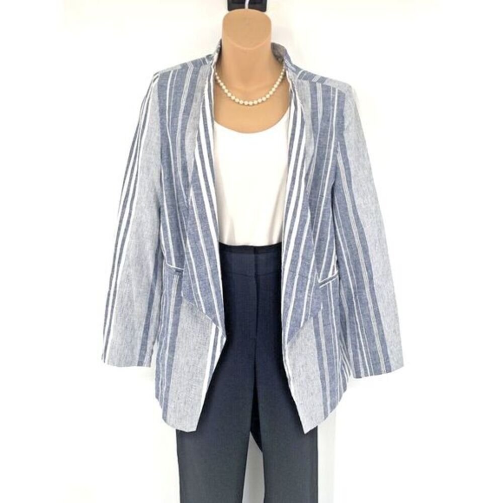 Jennie + Ray‎ Linen Blend Blue and White Stripe Lined Women's Jacket Size Medium